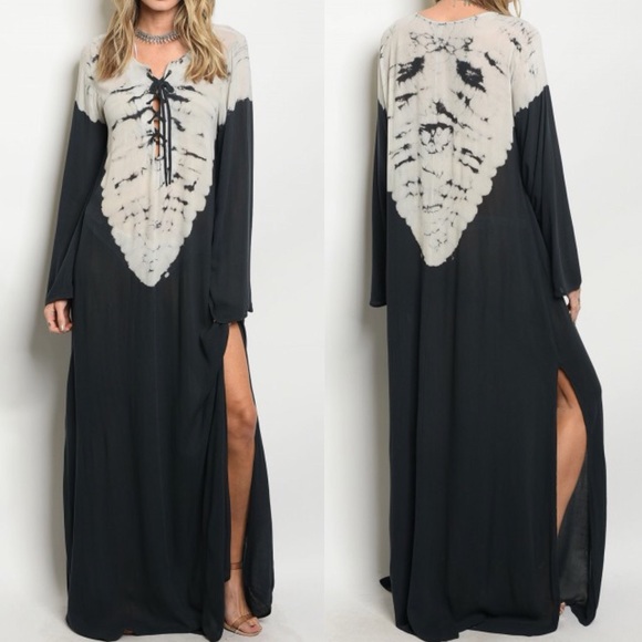 A Southern Gypsy Dresses & Skirts - LAST 1 🚨Cream Charcoal Tie Dye Lace Up Maxi Dress